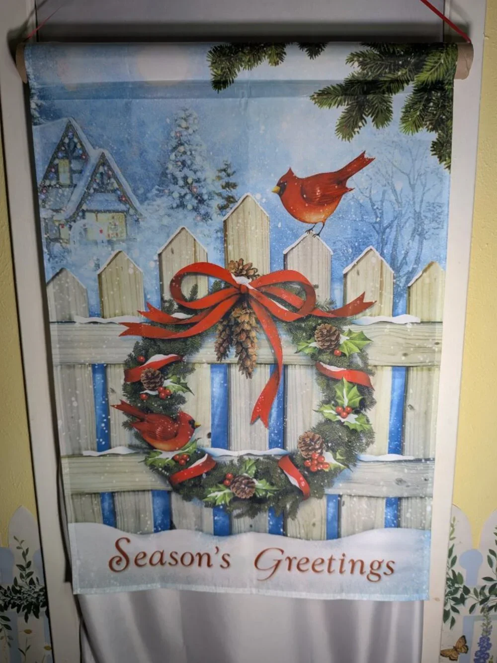 VTG Vigor Season's Greetings Christmas Garden Flag Cardinal Wreath Bow Banner